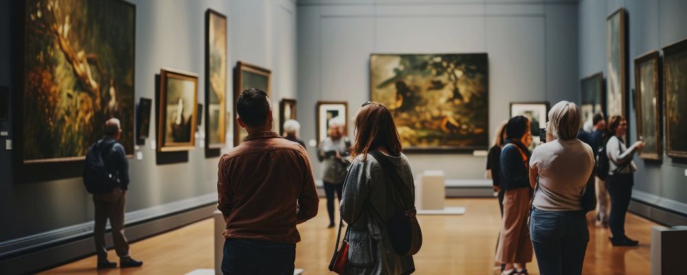 Pessoas em uma tour em um museu de arte.
