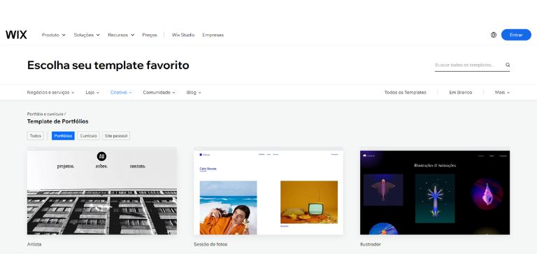 Wix, plataforma para criar portfólio online.