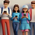 Vários adolescentes usando redes sociais do Fediverso no celular.