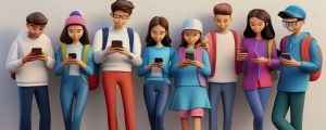 Vários adolescentes usando redes sociais do Fediverso no celular.