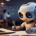 Robôzinho trabalhando em um escritório, representando o uso de IA no mercado de trabalho.