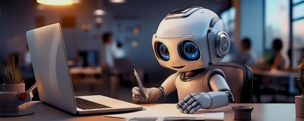 Robôzinho trabalhando em um escritório, representando o uso de IA no mercado de trabalho.