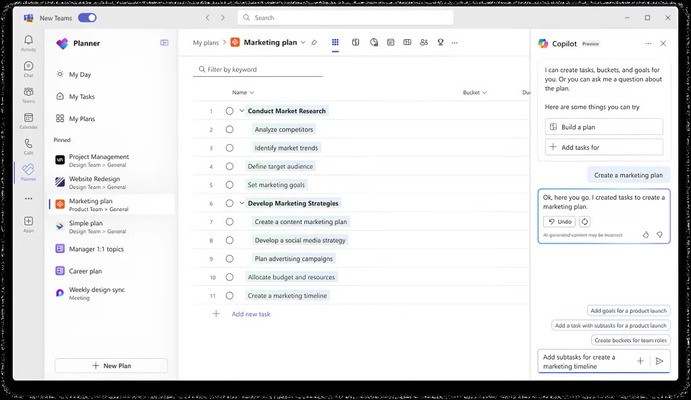 Planner do Team Copilot com resumos das reuniões.