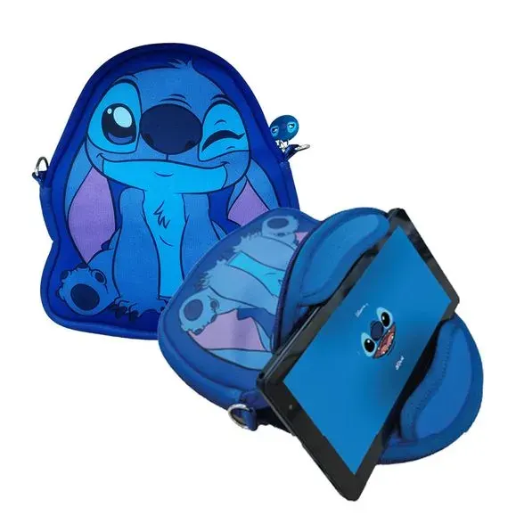 Mochila azul infantil do Stitch com case protetora para tablet Positivo Vision Tab 7, personalizada com o personagem da Disney.