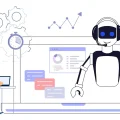 Mulher com laptop e robô chatbot de IA saindo da tela, com gráficos e engrenagens. Automação e eficiência no trabalho.