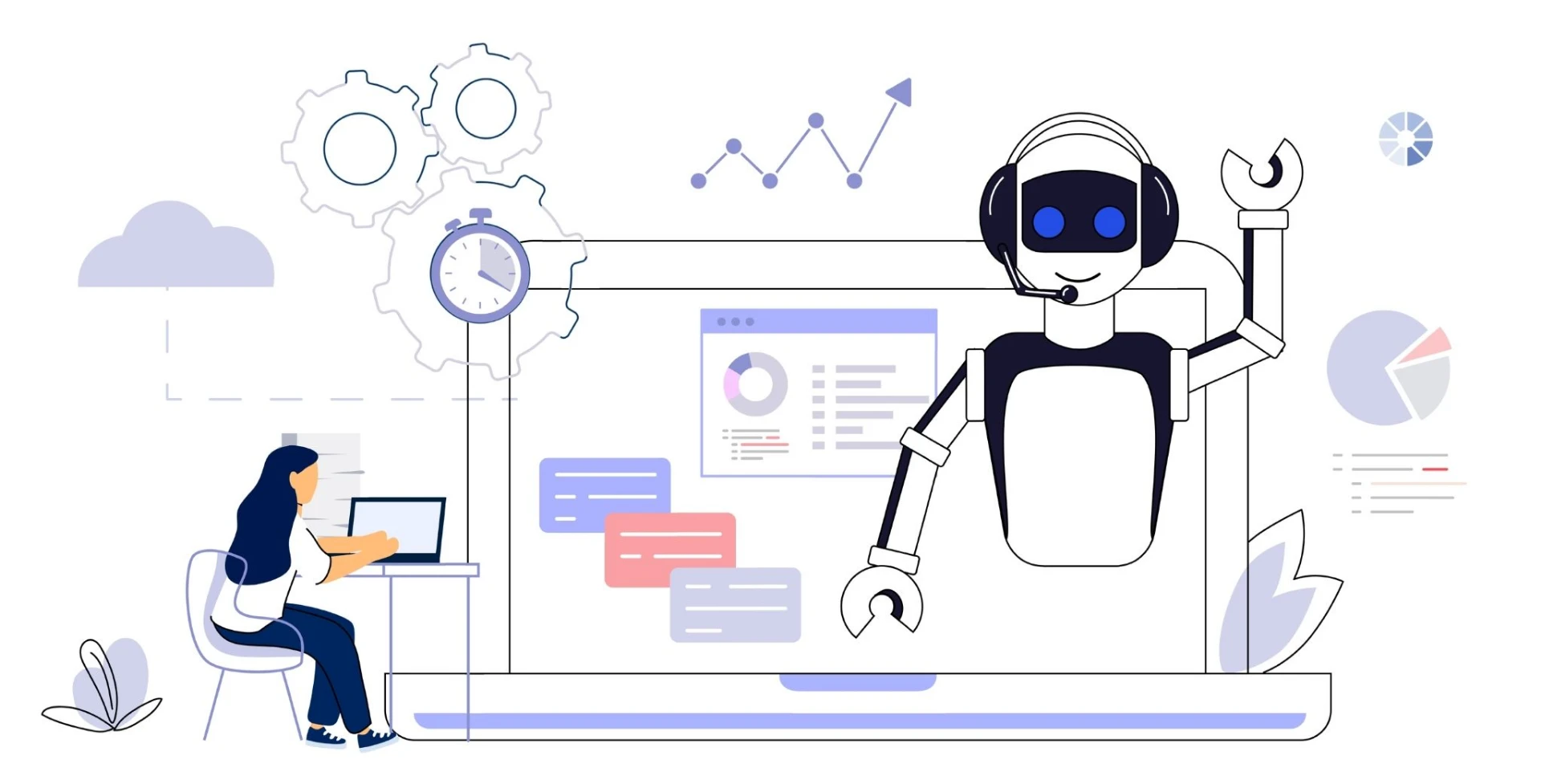 Mulher com laptop e robô chatbot de IA saindo da tela, com gráficos e engrenagens. Automação e eficiência no trabalho.