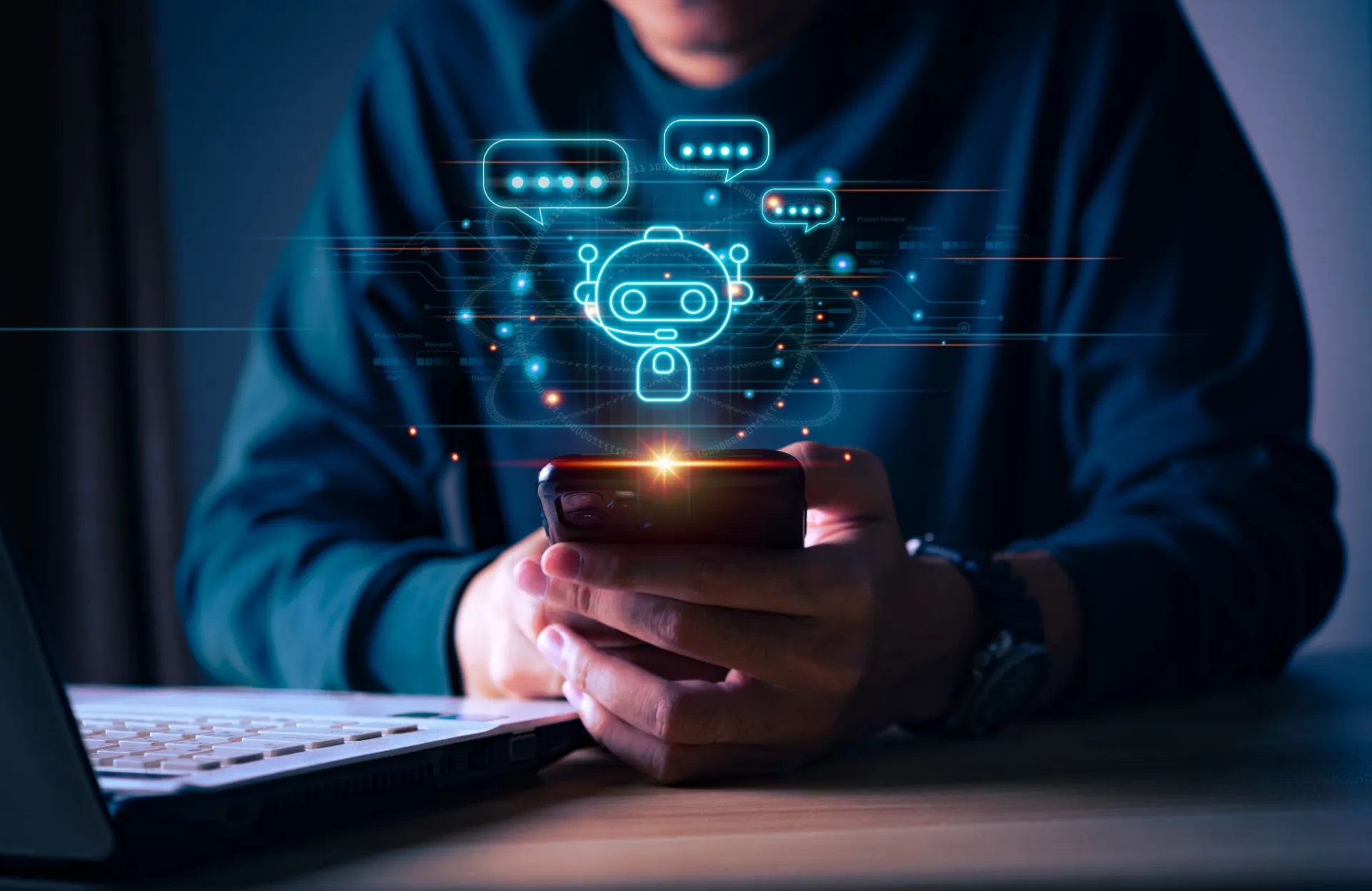 Interação com chatbot de inteligência artificial em smartphone. Ícone IA azul futurista, balões de fala brilhantes, conexões digitais. Tecnologia de conversação.