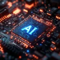 Placa de circuito com chip AI azul luminoso central e componentes laranja, representando tecnologia avançada.