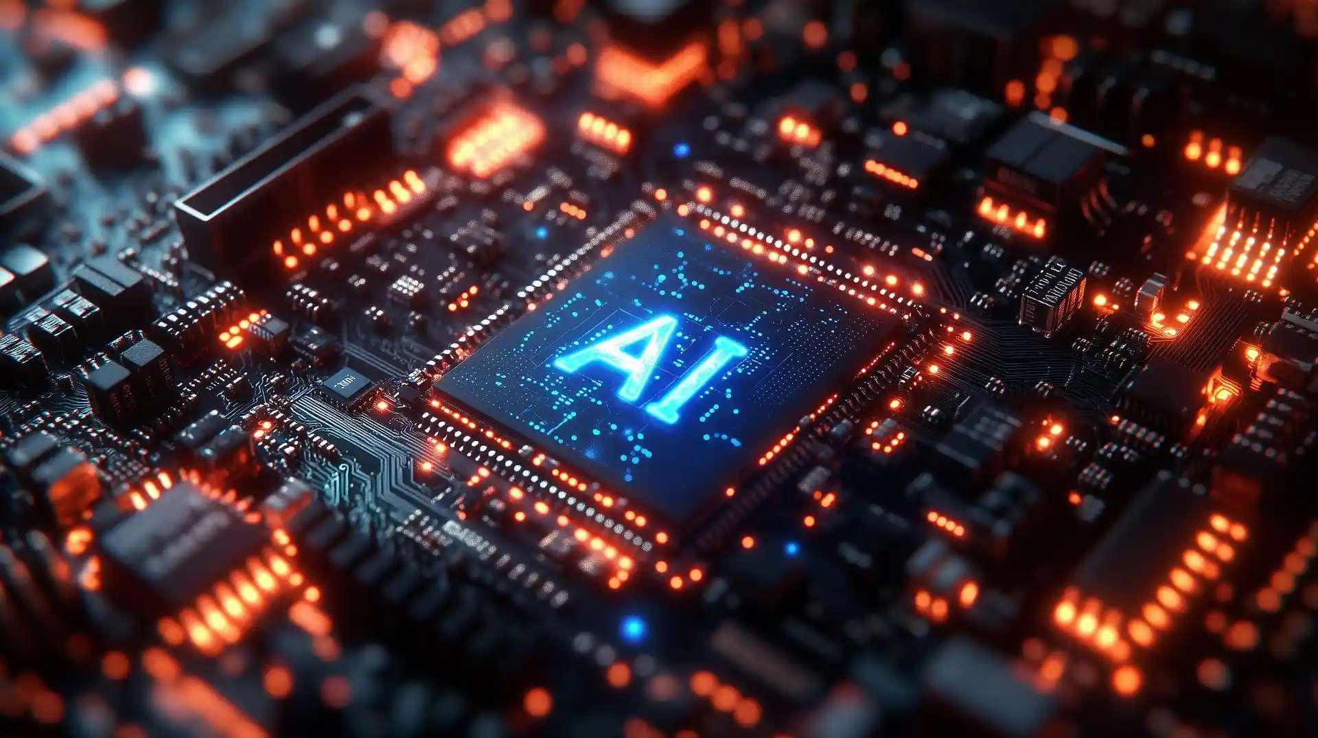 Placa de circuito com chip AI azul luminoso central e componentes laranja, representando tecnologia avançada.