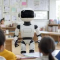 Menina sorridente usando tablet interage com robô branco, explorando tecnologia e inteligência artificial para educação infantil.