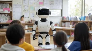 Menina sorridente usando tablet interage com robô branco, explorando tecnologia e inteligência artificial para educação infantil.