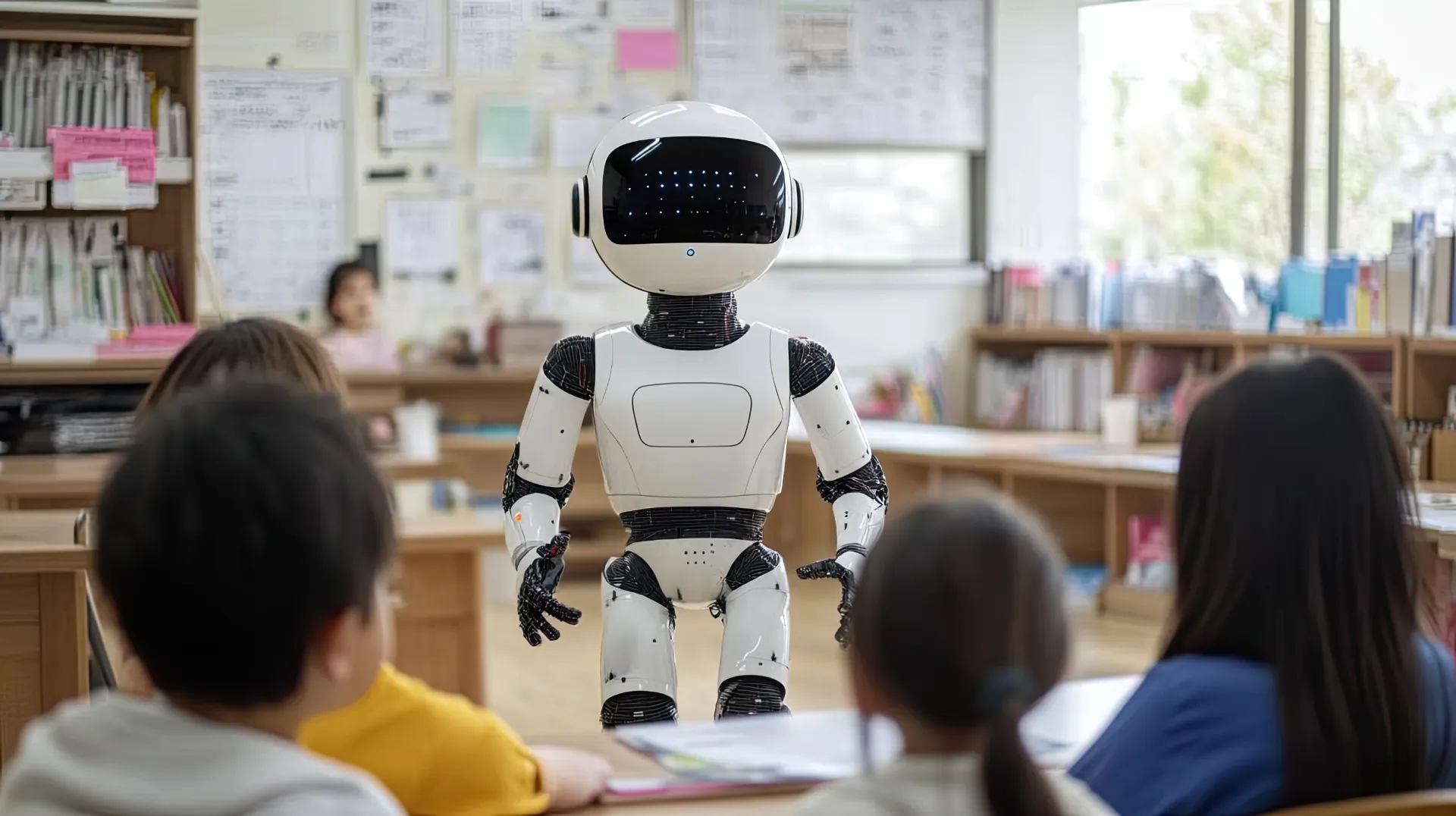 Menina sorridente usando tablet interage com robô branco, explorando tecnologia e inteligência artificial para educação infantil.