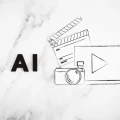 Inteligência Artificial na produção de vídeo: Letras 'AI', clapperboard, câmera, ícone play em mármore.