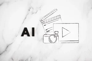 Inteligência Artificial na produção de vídeo: Letras 'AI', clapperboard, câmera, ícone play em mármore.