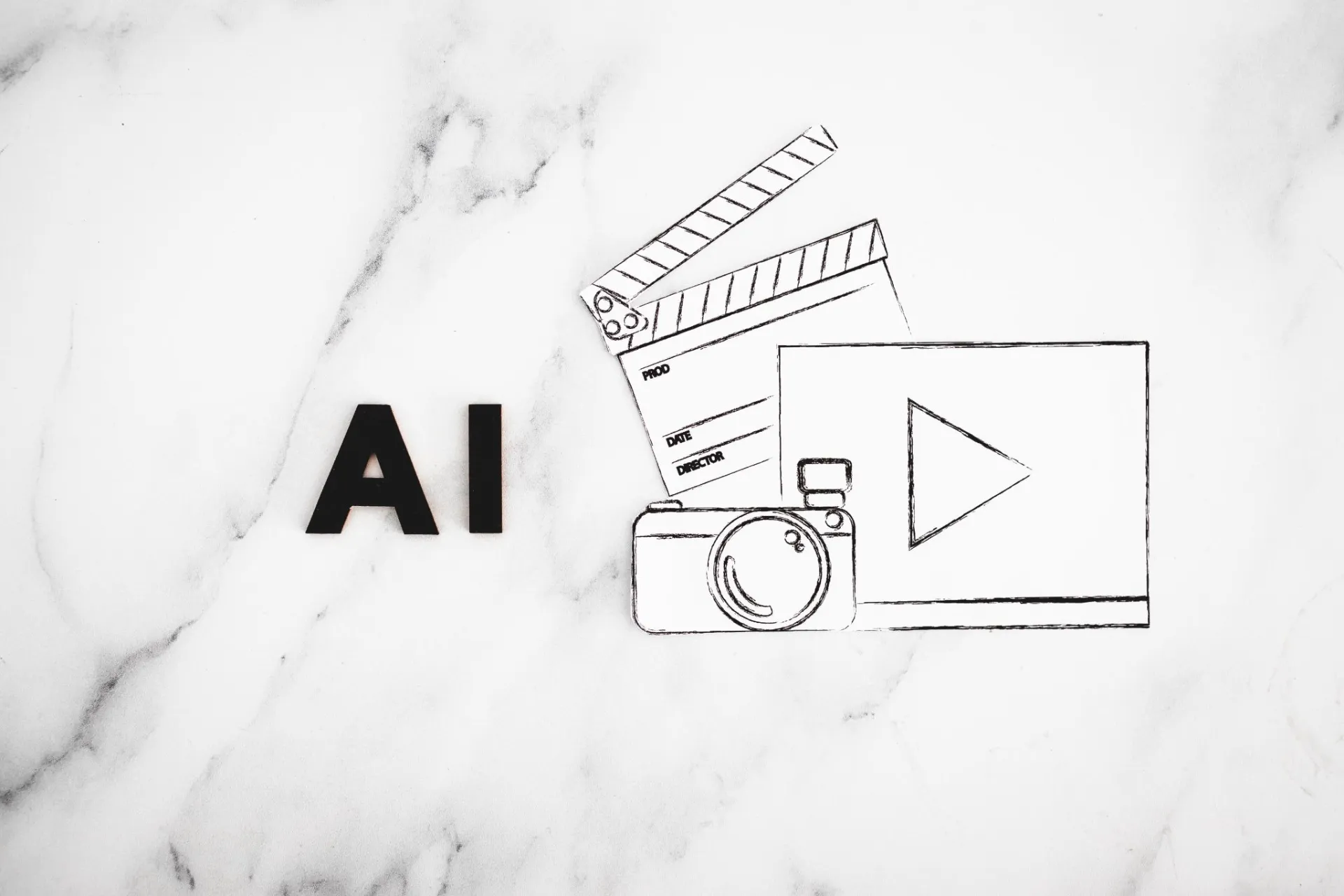 Inteligência Artificial na produção de vídeo: Letras 'AI', clapperboard, câmera, ícone play em mármore.