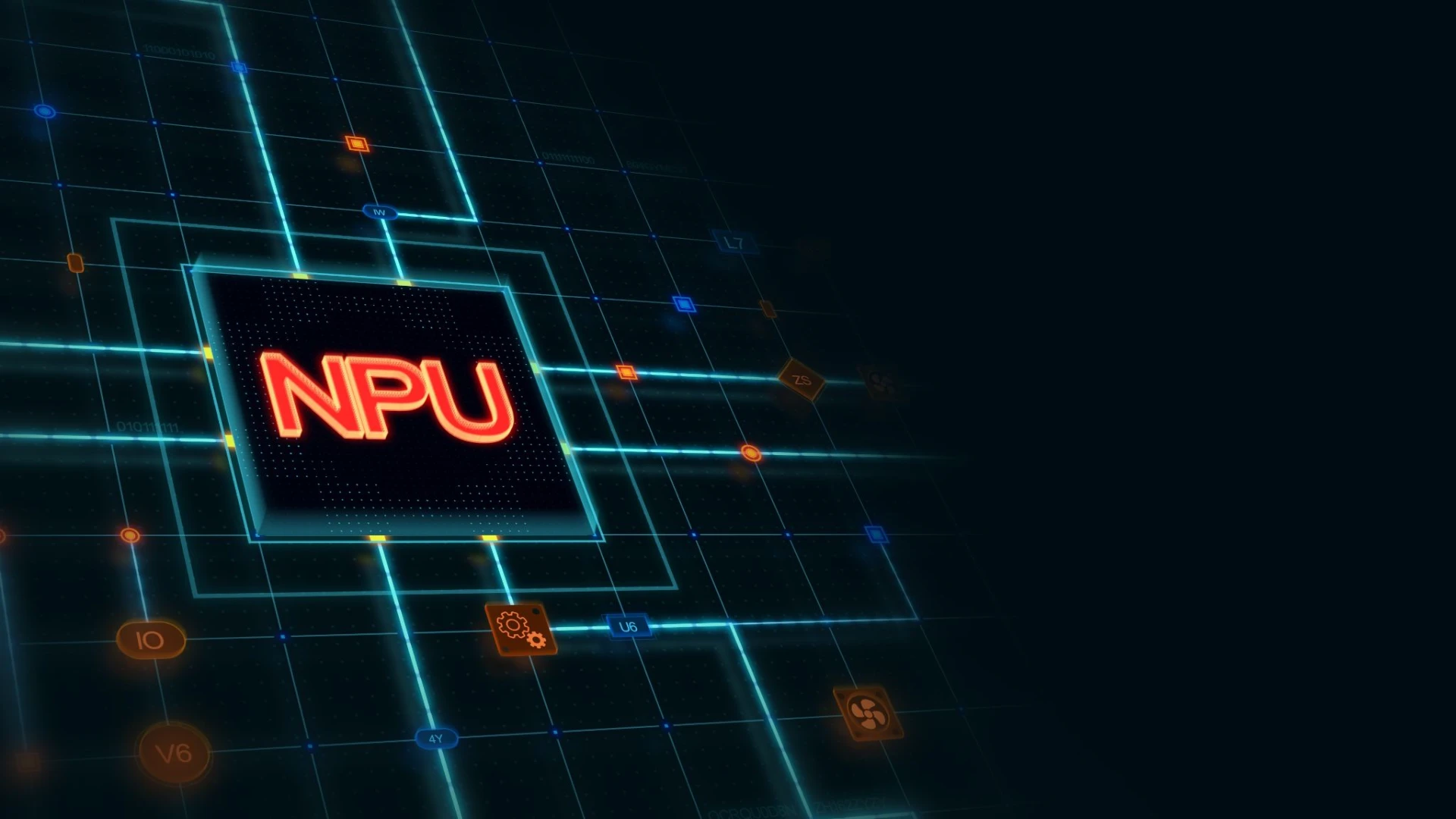 NPU (Neural Processing Unit) destacada em placa de circuito digital futurista para IA.