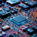 Circuito eletrônico complexo: placa mãe azul com chip processador central brilhando azul, trilhas laranja e componentes hardware.