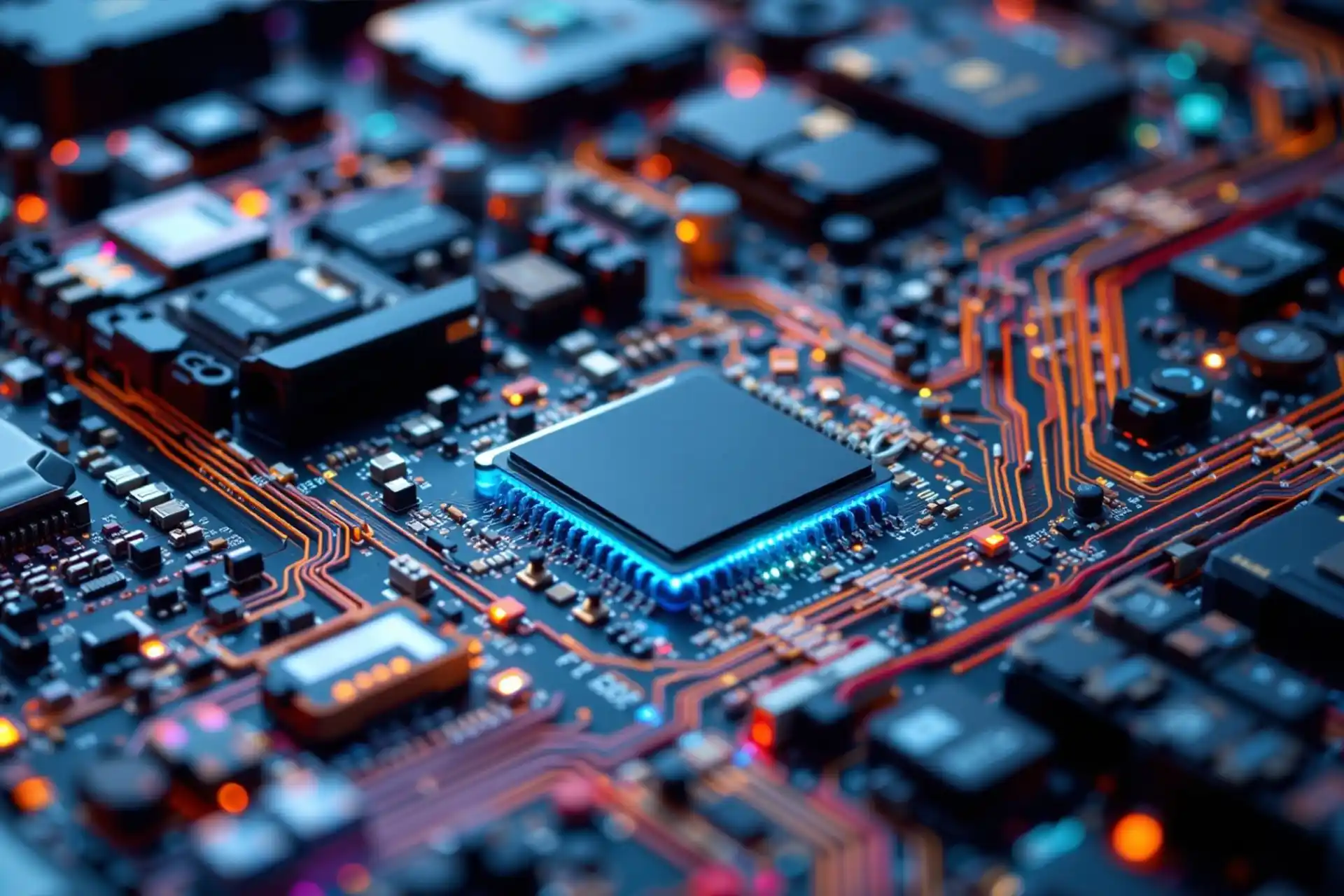 Circuito eletrônico complexo: placa mãe azul com chip processador central brilhando azul, trilhas laranja e componentes hardware.