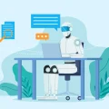 Robô branco futurista de IA trabalhando em laptop, automatizando processos digitais como emails e documentos.