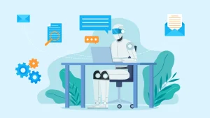 Robô branco futurista de IA trabalhando em laptop, automatizando processos digitais como emails e documentos.