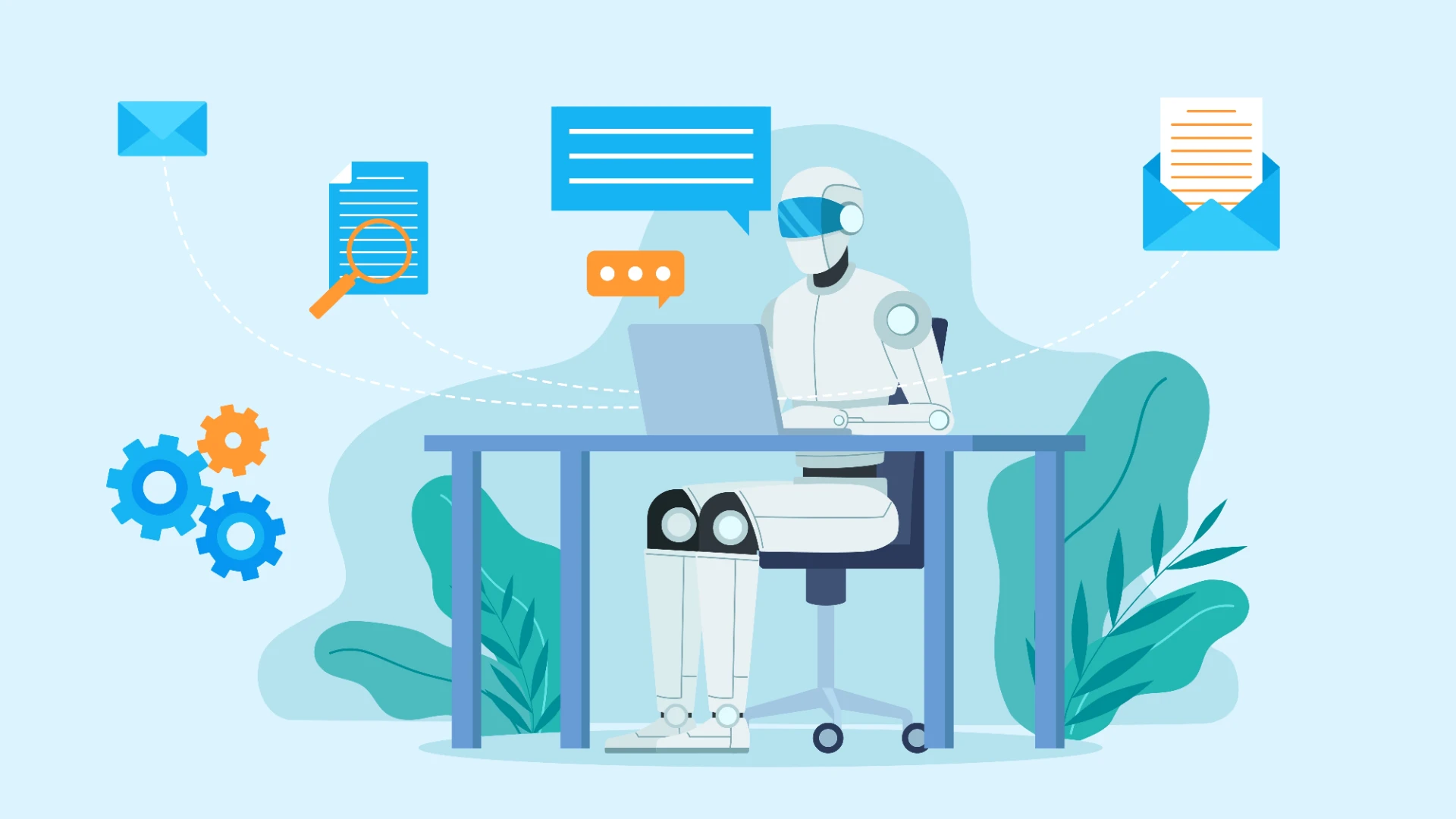 Robô branco futurista de IA trabalhando em laptop, automatizando processos digitais como emails e documentos.