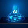 Representação visual da inteligência artificial (AI) emergindo de um smartphone, com luzes azuis brilhantes e elementos de interface digital futurista em um fundo escuro. Simboliza o poder da IA em dispositivos móveis e a tecnologia do futuro.