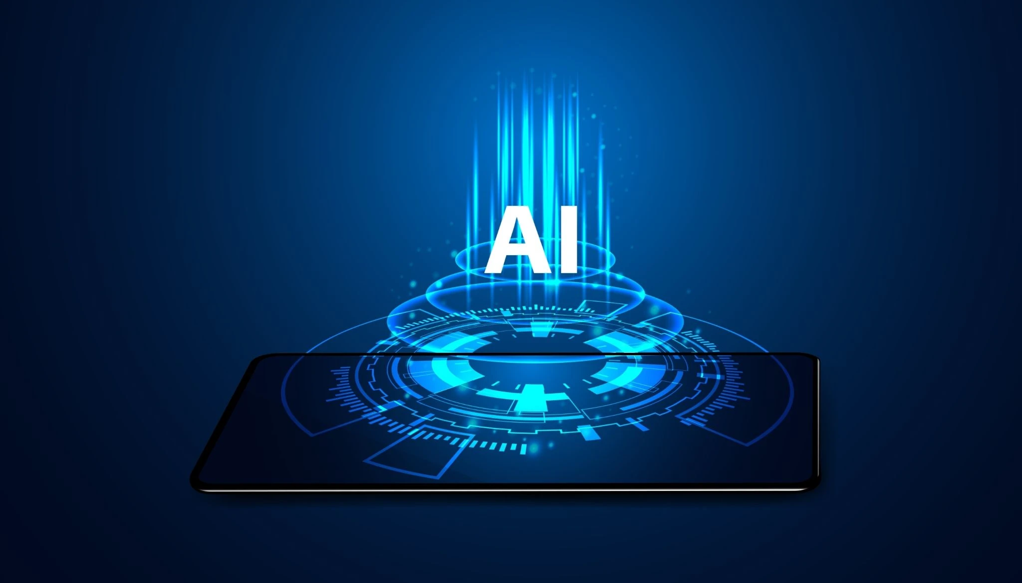 Representação visual da inteligência artificial (AI) emergindo de um smartphone, com luzes azuis brilhantes e elementos de interface digital futurista em um fundo escuro. Simboliza o poder da IA em dispositivos móveis e a tecnologia do futuro.