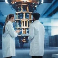 Dois pesquisadores, um homem e uma mulher em jalecos brancos, observam um avançado computador quântico dourado e azul em um laboratório de alta tecnologia. A mulher segura um tablet e o homem um laptop, ambos envolvidos em análise de dados e pesquisa científica em um ambiente moderno e futurista.