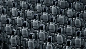 Uma vasta multidão de robôs humanoides idênticos, de cor cinza metálico com detalhes escuros e visores pretos brilhantes, em pé em formação densa. A imagem sugere automação avançada, inteligência artificial e uma força de trabalho robótica em larga escala.