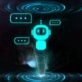 Ícone de chatbot azul brilhante e pixelado, em estilo holográfico, com balões de fala pontilhados ao redor, sendo ativado por um dedo humano que toca sua base. A imagem futurista em fundo escuro com anéis de luz digital representa inteligência artificial, assistentes virtuais e interação tecnológica humano-máquina.