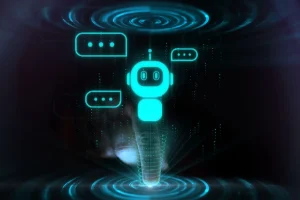 Ícone de chatbot azul brilhante e pixelado, em estilo holográfico, com balões de fala pontilhados ao redor, sendo ativado por um dedo humano que toca sua base. A imagem futurista em fundo escuro com anéis de luz digital representa inteligência artificial, assistentes virtuais e interação tecnológica humano-máquina.