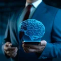 Executivo em terno azul escuro e gravata vermelha segurando um smartphone, do qual emerge uma projeção holográfica azul brilhante de um cérebro humano com conexões neurais. A imagem simboliza inteligência artificial (IA), tecnologia avançada, inovação, neurociência e o poder do pensamento estratégico no mundo dos negócios.