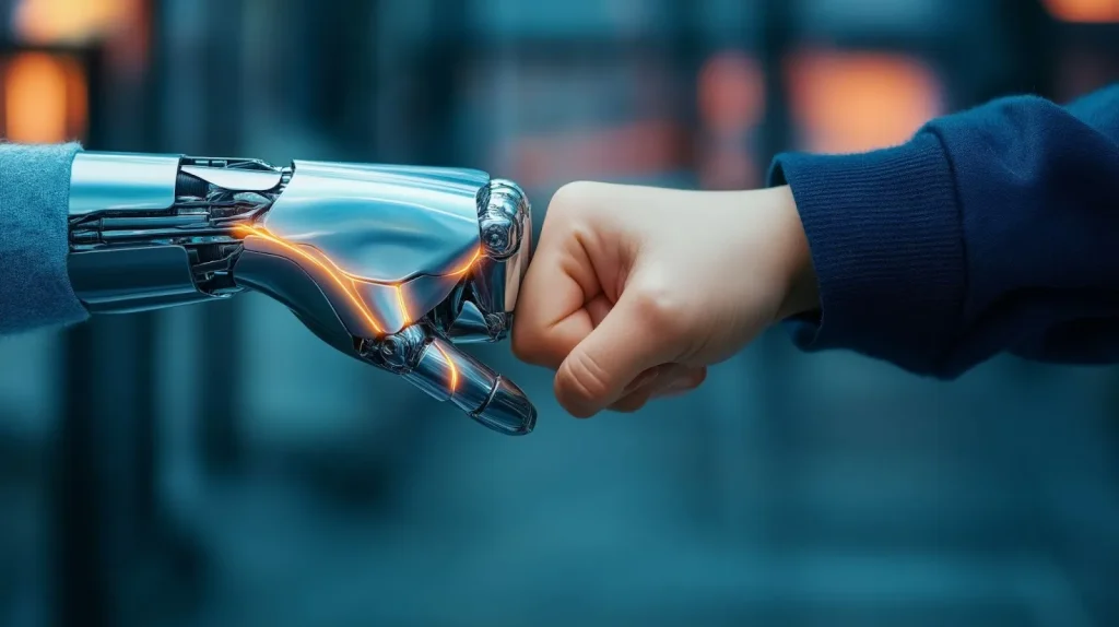 Uma mão robótica cromada com detalhes de energia laranja e uma mão humana com manga azul escura fazendo um fist bump, simbolizando a colaboração, interação e parceria entre inteligência artificial, tecnologia e humanidade.