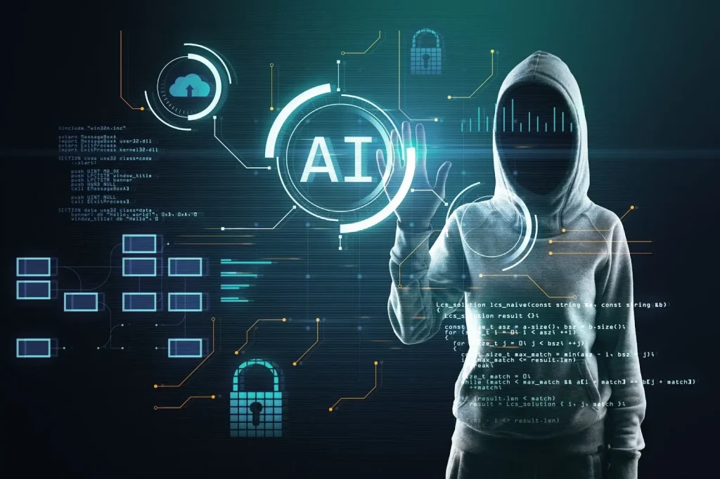 Pessoa encapuzada (hacker) com o rosto sombrio interagindo com uma interface holográfica futurista que exibe 'AI' (Inteligência Artificial) em um círculo central. Ao redor, há elementos digitais como linhas de código de programação, ícones de nuvem, gráficos de dados e cadeados azuis, simbolizando segurança cibernética, privacidade de dados e o papel da IA na tecnologia avançada.
