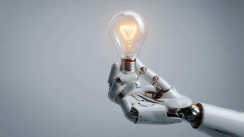Mão robótica branca e metálica segurando uma lâmpada incandescente acesa, que brilha intensamente, simbolizando uma ideia, inovação, inteligência artificial ou solução tecnológica em um fundo cinza claro e minimalista.