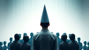 Imagem de uma pessoa vista de costas, usando um chapéu de cone azul, destacando-se em meio a uma multidão de silhuetas escuras. O fundo é claro e abstrato com linhas verticais, sugerindo um ambiente digital ou futurista. A cena evoca temas de individualidade, não-conformidade ou isolamento.