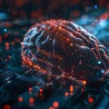 Representação digital e futurista de um cérebro humano brilhando com pontos de luz laranja e azul sobre um circuito eletrônico complexo. A imagem simboliza inteligência artificial, neurotecnologia, processamento de dados e a fusão entre mente e máquina, com um fundo desfocado de luzes vermelhas e azuis que evocam conectividade e energia.