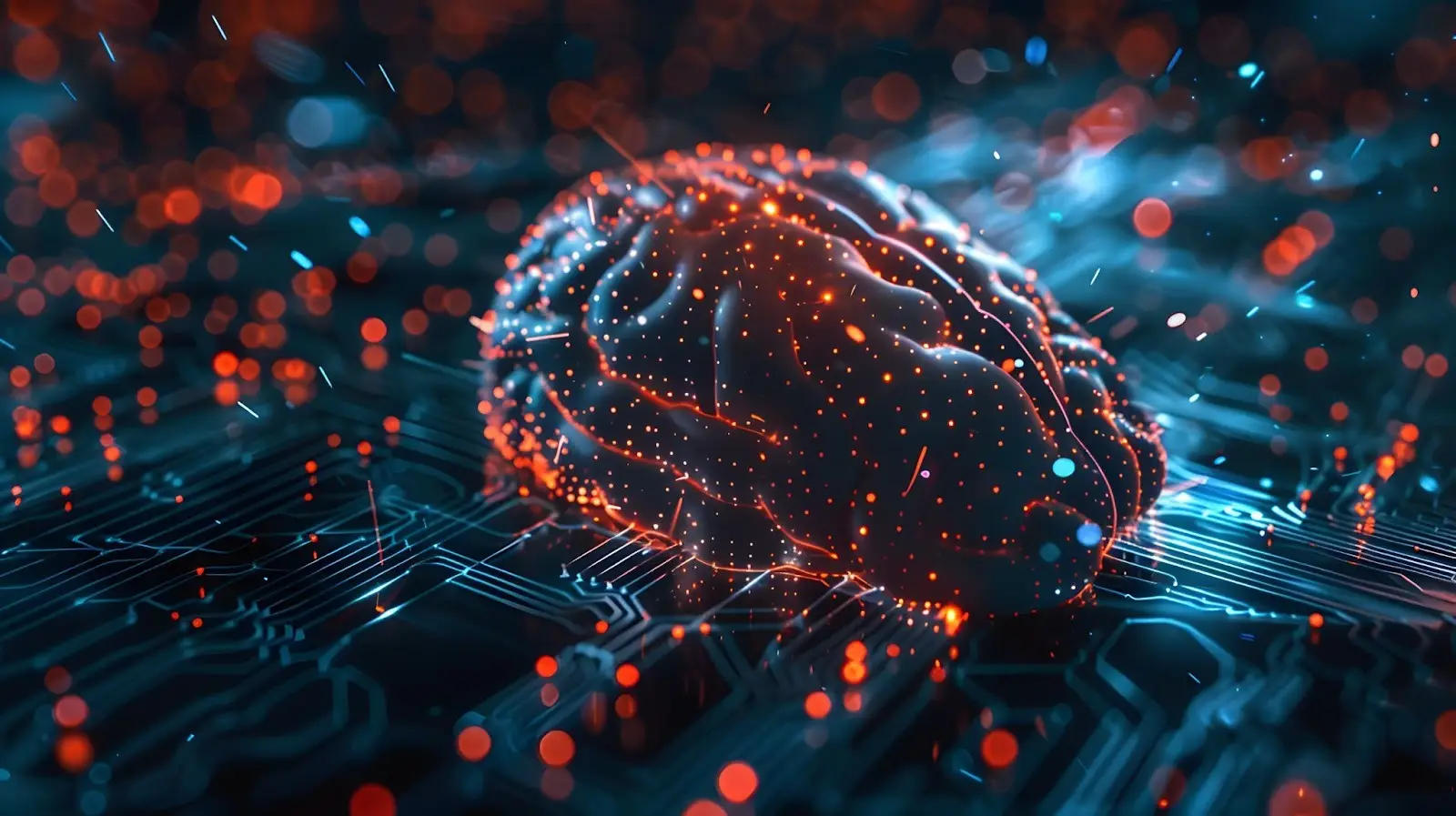 Representação digital e futurista de um cérebro humano brilhando com pontos de luz laranja e azul sobre um circuito eletrônico complexo. A imagem simboliza inteligência artificial, neurotecnologia, processamento de dados e a fusão entre mente e máquina, com um fundo desfocado de luzes vermelhas e azuis que evocam conectividade e energia.