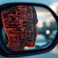 Espelho retrovisor de um carro refletindo uma silhueta de cabeça humana preenchida com padrões de circuito eletrônico brilhantes em laranja, simbolizando inteligência artificial, tecnologia avançada e o futuro da direção autônoma. O fundo desfocado mostra um ambiente urbano ao anoitecer.