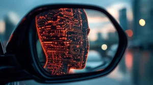 Espelho retrovisor de um carro refletindo uma silhueta de cabeça humana preenchida com padrões de circuito eletrônico brilhantes em laranja, simbolizando inteligência artificial, tecnologia avançada e o futuro da direção autônoma. O fundo desfocado mostra um ambiente urbano ao anoitecer.