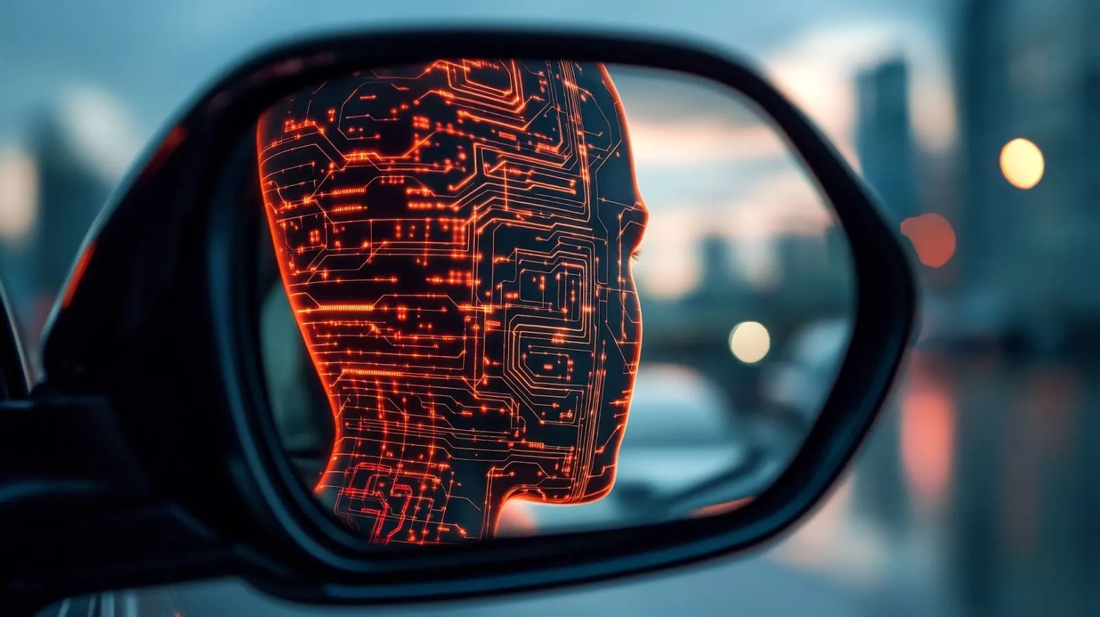 Espelho retrovisor de um carro refletindo uma silhueta de cabeça humana preenchida com padrões de circuito eletrônico brilhantes em laranja, simbolizando inteligência artificial, tecnologia avançada e o futuro da direção autônoma. O fundo desfocado mostra um ambiente urbano ao anoitecer.