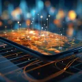 Smartphone moderno exibindo uma complexa rede de linhas e pontos luminosos em tons de laranja e dourado, que se elevam da tela, simbolizando fluxo de dados, conectividade digital e tecnologia avançada. O fundo desfocado apresenta luzes bokeh em azul e laranja, criando uma atmosfera futurista e de alta tecnologia.