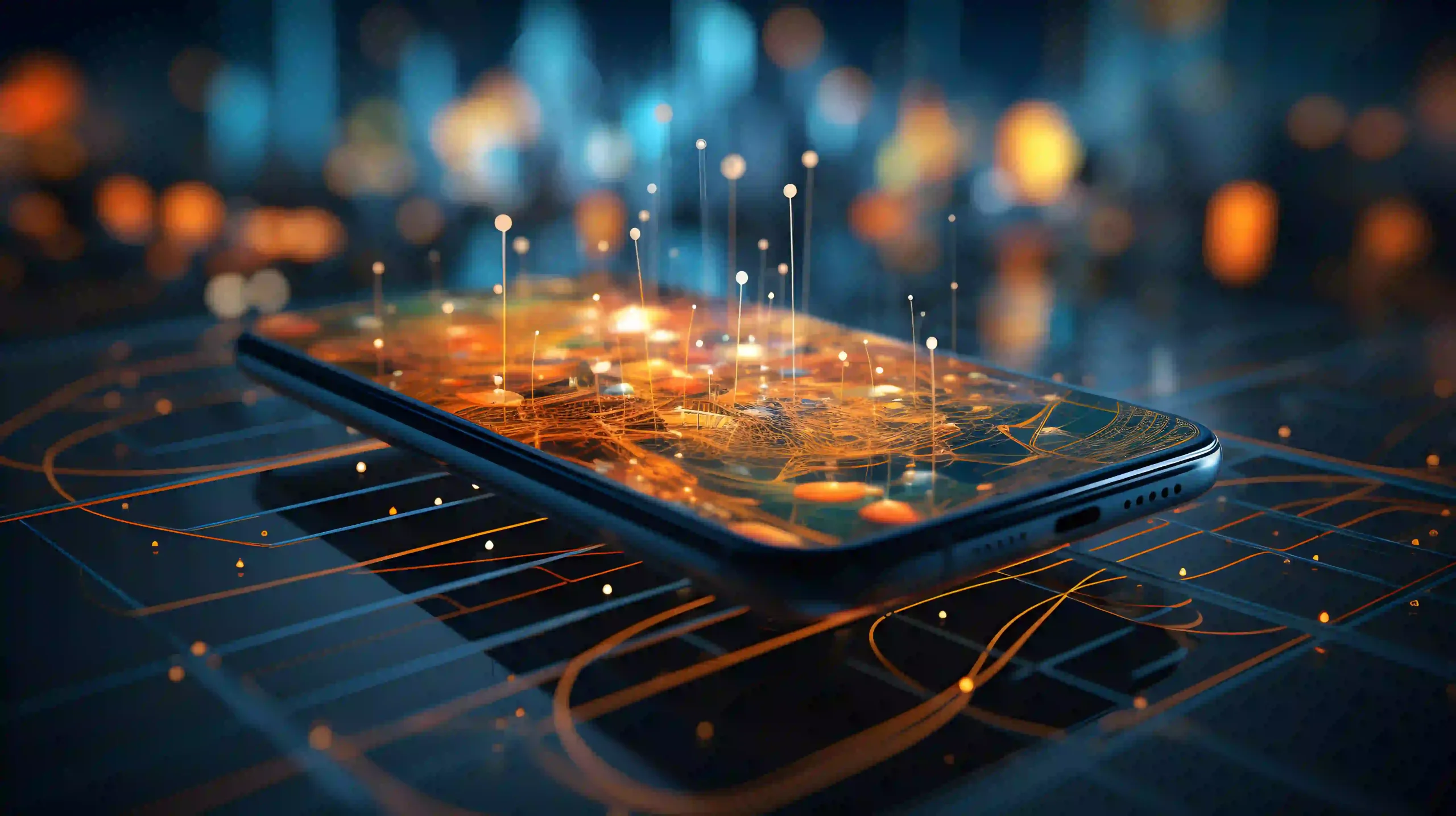 Smartphone moderno exibindo uma complexa rede de linhas e pontos luminosos em tons de laranja e dourado, que se elevam da tela, simbolizando fluxo de dados, conectividade digital e tecnologia avançada. O fundo desfocado apresenta luzes bokeh em azul e laranja, criando uma atmosfera futurista e de alta tecnologia.