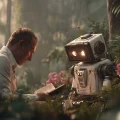 Homem de camisa branca lendo um livro aberto para um robô branco estilo vintage com olhos luminosos, ambos sentados em um jardim exuberante com folhagens verdes e flores cor-de-rosa. A cena retrata a interação humana com a inteligência artificial em um ambiente natural e tranquilo.