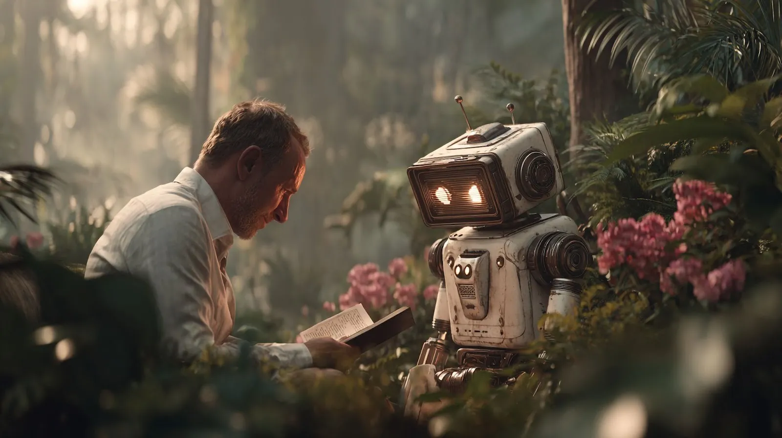 Homem de camisa branca lendo um livro aberto para um robô branco estilo vintage com olhos luminosos, ambos sentados em um jardim exuberante com folhagens verdes e flores cor-de-rosa. A cena retrata a interação humana com a inteligência artificial em um ambiente natural e tranquilo.