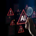 Mão segurando uma lupa focada em um grande símbolo 'AI' (Inteligência Artificial) luminoso, cercado por diversos ícones de aviso triangulares vermelhos com exclamação. O fundo escuro apresenta elementos de código ou dados em vermelho borrados, simbolizando a análise crítica e a identificação de riscos, vulnerabilidades e questões de segurança ou ética relacionadas à IA.