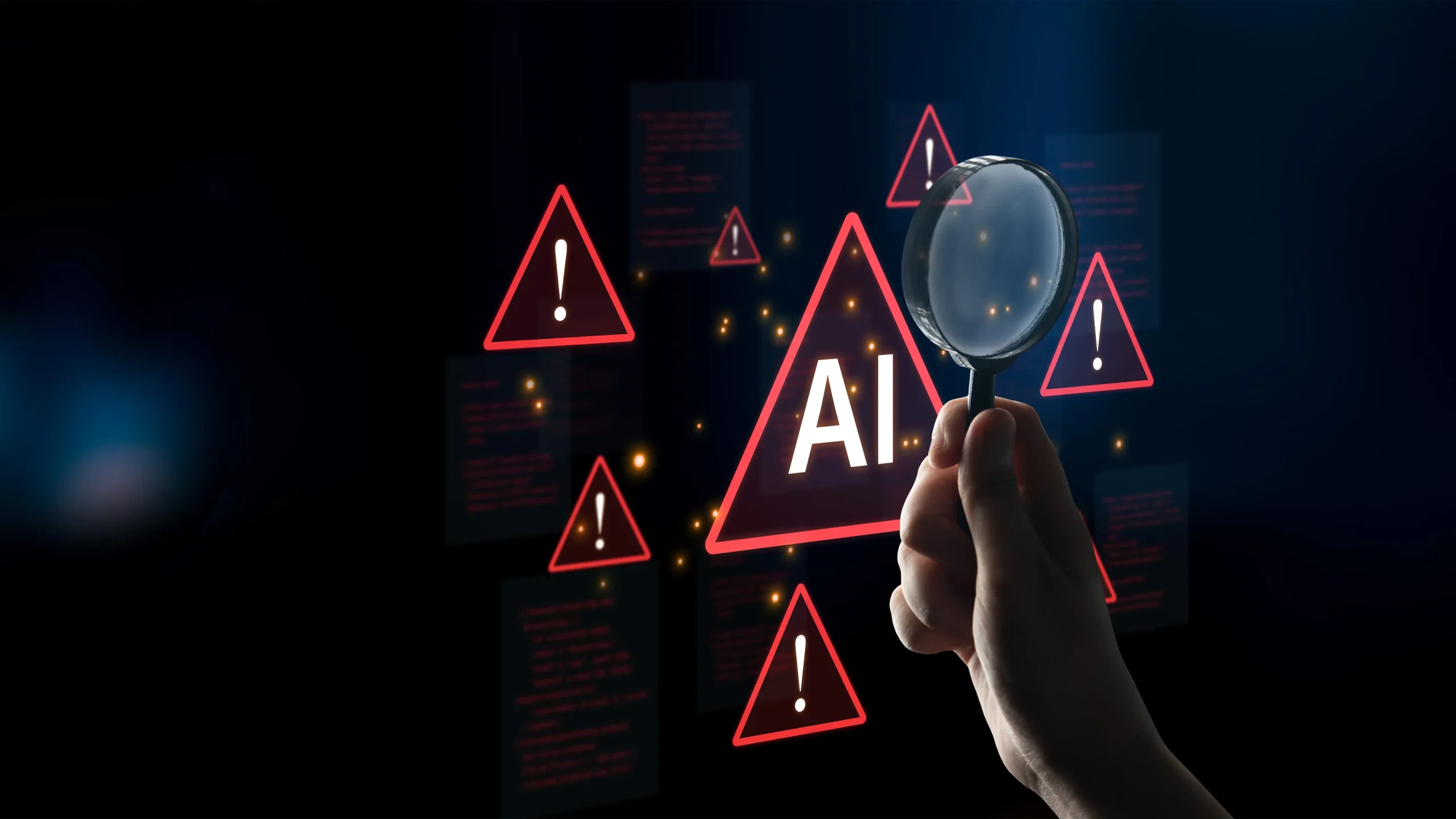 Mão segurando uma lupa focada em um grande símbolo 'AI' (Inteligência Artificial) luminoso, cercado por diversos ícones de aviso triangulares vermelhos com exclamação. O fundo escuro apresenta elementos de código ou dados em vermelho borrados, simbolizando a análise crítica e a identificação de riscos, vulnerabilidades e questões de segurança ou ética relacionadas à IA.